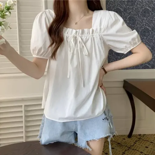 Summer Ruffle Casual Short Sleeve Square Neck Blouse - Image 8