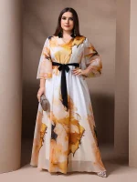 Plus Size Floral Print Ruffled Sleeve Belted Long Dress