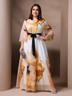 Plus Size Floral Print Ruffled Sleeve Belted Long Dress