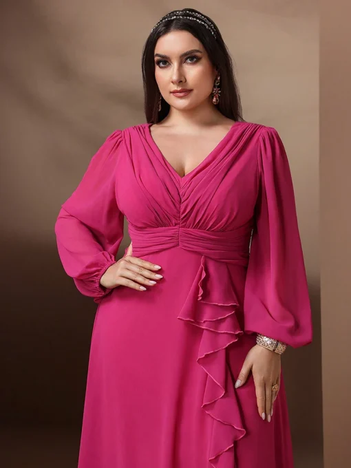 Plus Size Solid Color Ruffle Sleeve Formal Party Dress - Image 5