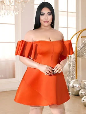 Orange Backless Off Shoulder High Waist Mini Party Dress