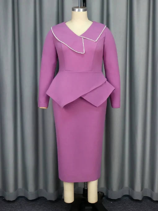 Trendy Purple Asymmetric Beaded Neck Long Sleeve Midi Dress - Image 5