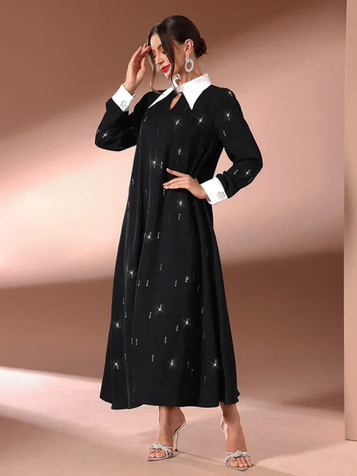 Elegant Diamond Detail Long Sleeve Contrast Collar Party Dress