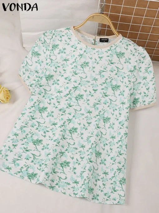 Women’s Elegant Floral Printed Short Sleeve Blouse - Image 2