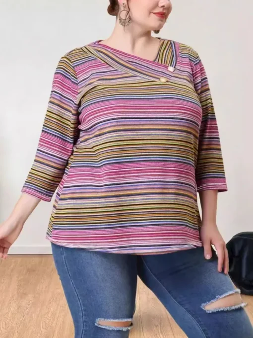 Plus Size Casual V-Neck Stripe Print 3/4 Sleeve T-Shirt