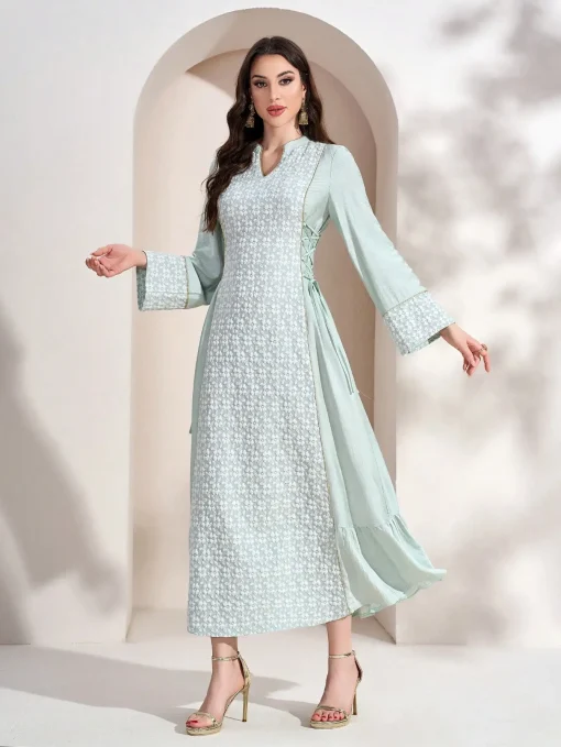 Elegant Long Sleeve Floral Arab Dress with Ruffled Hemline