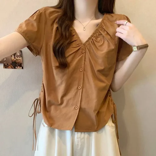 Stylish V-Neck Drawstring Tunic Shirts for Summer - Image 6