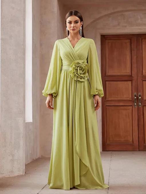 Luxury Elegant Solid Color 3D Floral Lantern Sleeve Maxi Dress - Image 2