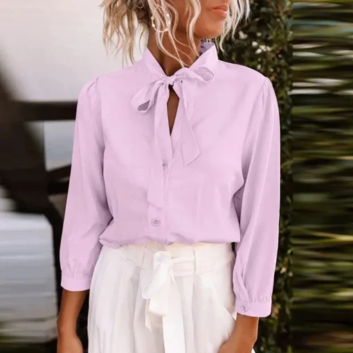 Elegant Summer Blouse with Bow Tie Neck for Women