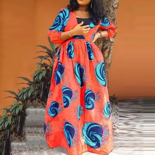 Bohemian Printed Maxi Dress with V Neck and 3/4 Sleeves