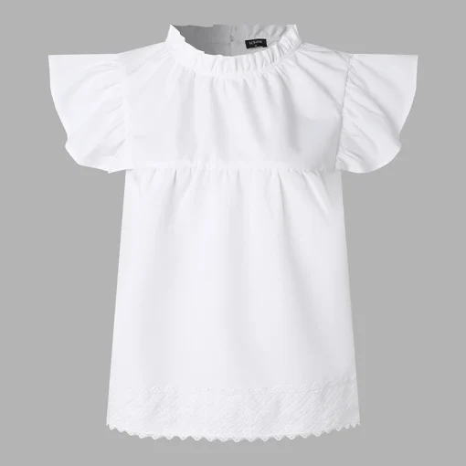 Women’s Elegant Ruffled Short Sleeve Stand Collar Blouse - Image 5