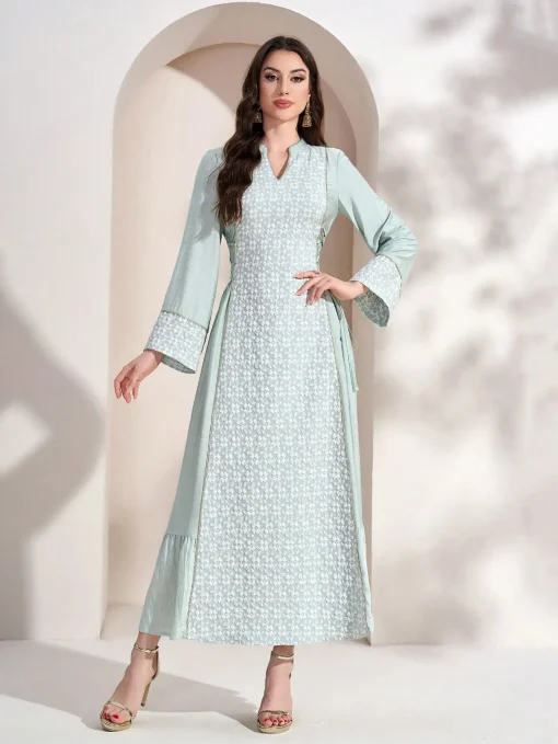 Elegant Long Sleeve Floral Arab Dress with Ruffled Hemline - Image 5