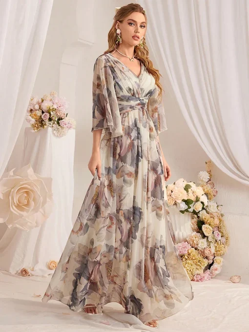 Floral Print Pleated Waist A-Line Split Sleeve Dress - Image 6