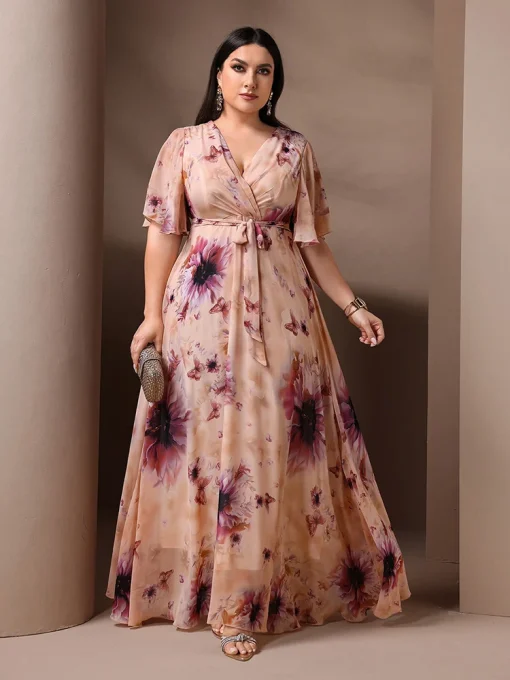 Plus Size Floral Printed Ruffle Sleeve Belted Holiday Dress - Image 5