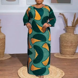 Women’s Elegant Vintage Printed Bohemian Maxi Dress with Long Sleeves