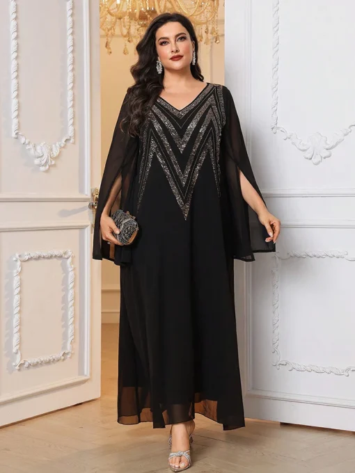 Plus Size Black Sequined Elegant Maxi Abaya Dress