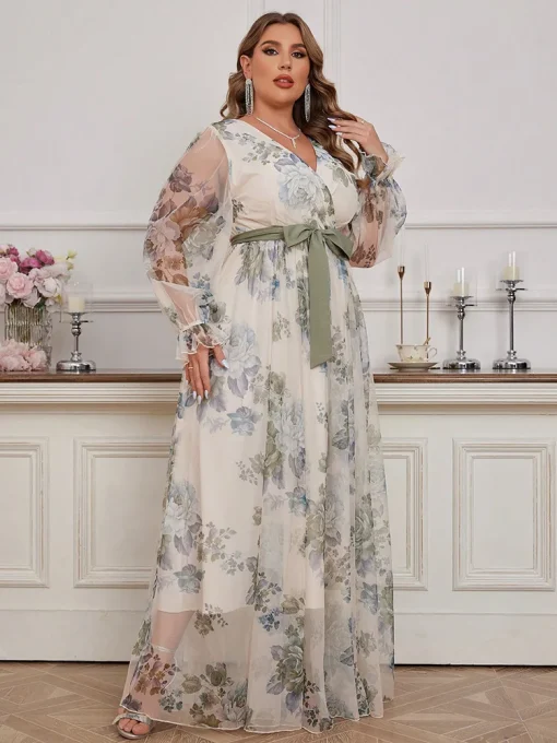 Plus Size Floral V-Neck Spliced Mesh Maxi Dress - Image 2