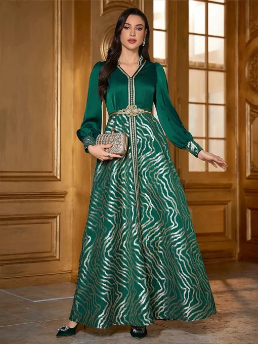 Women’s Floor-Length Retro Ethnic Dark Green Lantern Sleeve Dress