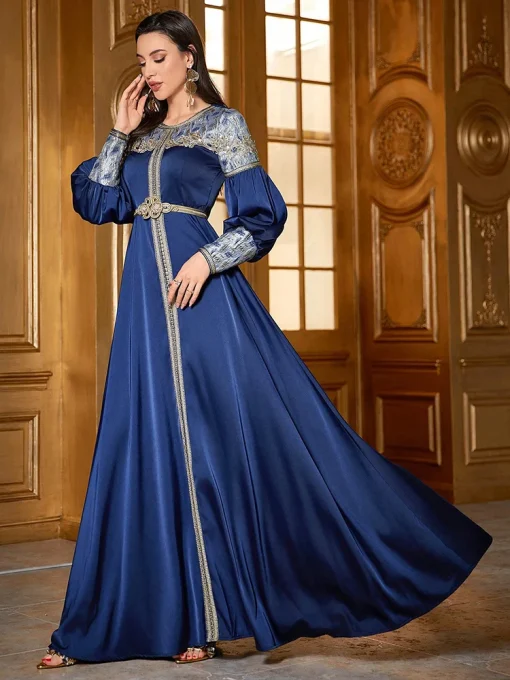 Luxury Elegant Eid Muslim Arabian Embroidered Long Sleeve Dress - Image 5