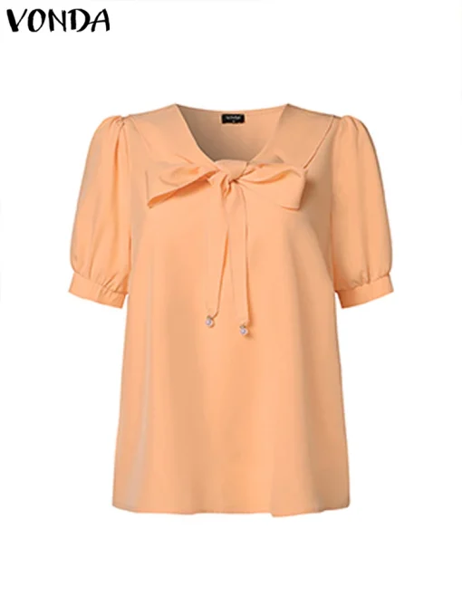 Elegant Short Puff Sleeve Bow Tie Summer Blouse - Image 2