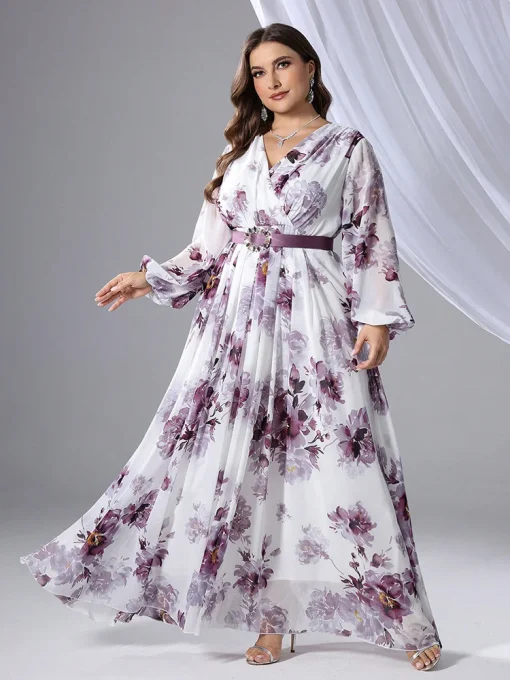 Plus Size Floral Print V-Neck Long Sleeve Maxi Dress - Image 5