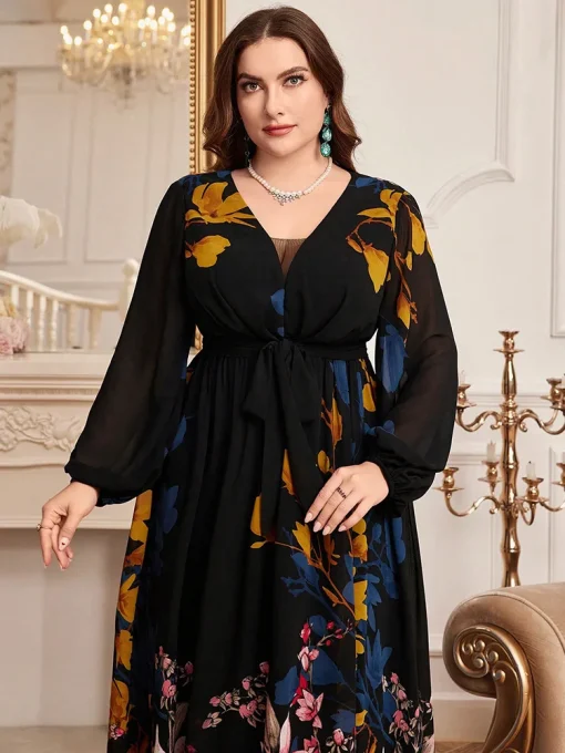 Plus Size Casual Elegant Floral Print Lantern Sleeve Maxi Dress - Image 3