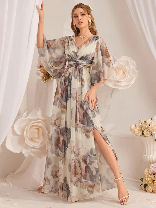 Floral Print Pleated Waist A-Line Split Sleeve Dress - Image 4