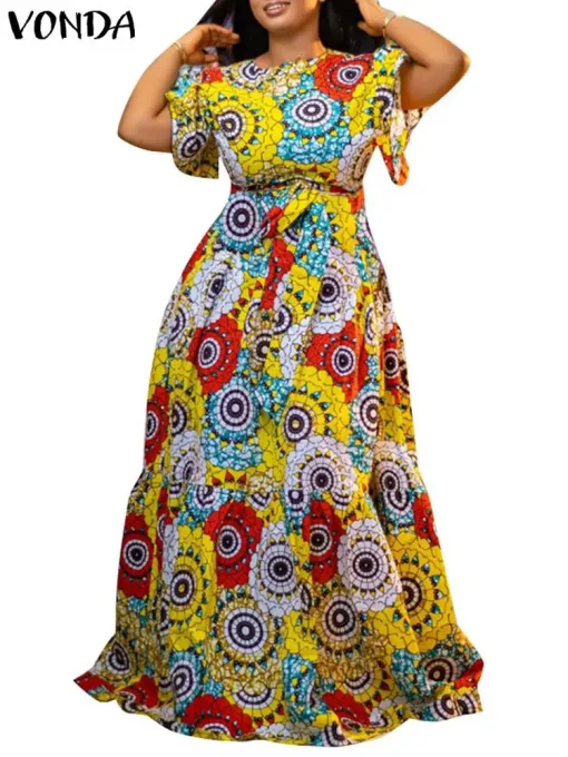 Women’s Bohemian Vintage Printed Short Sleeve Maxi Dress - Image 2