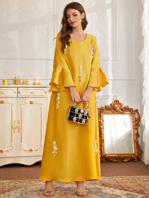 Women's Ankle-Length Beaded Yellow Loose Muslim Toga Dress - Image 3