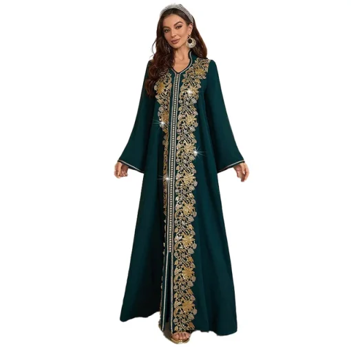 Floor-Length Muslim Ice Silk Crepe Dress with Trumpet Sleeves - Image 7