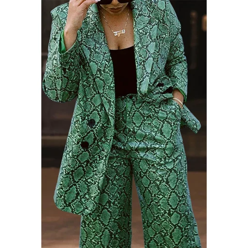 Plus Size Green Print Lapel Blazer Pant Set - Image 2