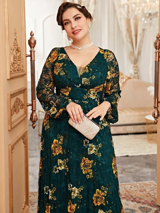 Plus Size Lace Mesh Floral Print Lantern Sleeve Dress - Image 3