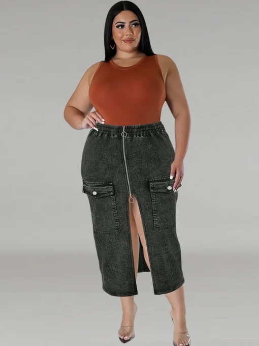 Plus Size High Waist Slit Denim Pencil Skirt - Image 2