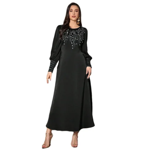 Elegant Ankle-Length Black Dress with Beaded Lantern Sleeves - Image 7