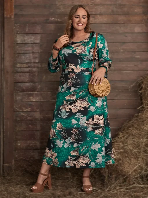 Plus Size Long Sleeve Floral Print Winter Dress