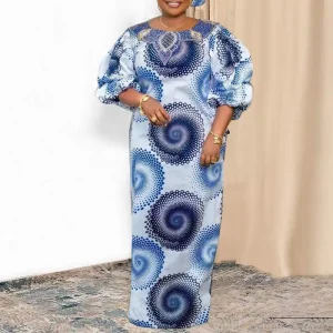 Bohemian Printed Maxi Dress with Lantern Sleeves for Summer