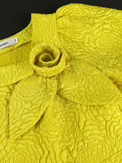 Elegant Yellow Jacquard A-Line Plus Size Puff Sleeve Dress - Image 5