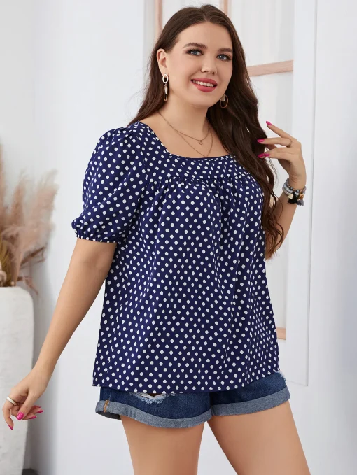 Plus Size Women's Plaid Polka Dot Round Neck Blouse - Image 4