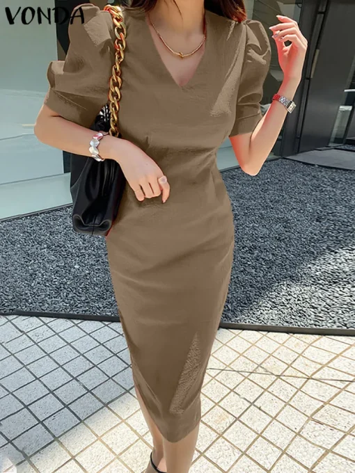 Women’s V-Neck Puff Sleeve Midi Office Dress - Image 2