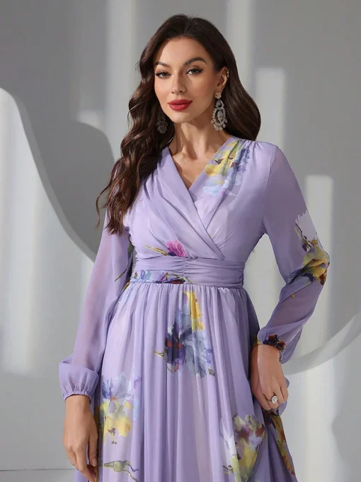 Casual Elegant Floral Print V-Neck Lantern Sleeve Party Dress - Image 3