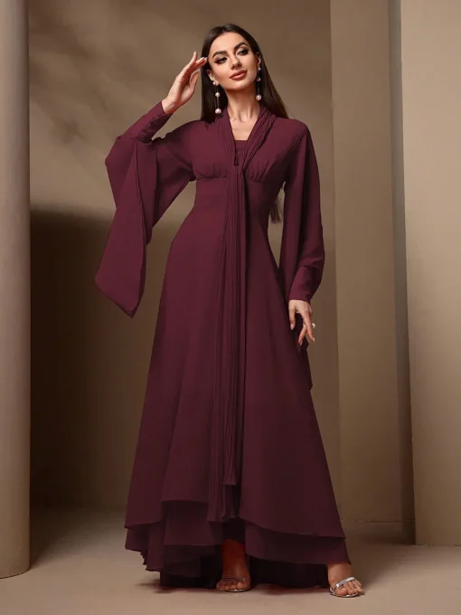 Solid Color Bell Sleeve Fit and Flare Chiffon Maxi Dress - Image 5