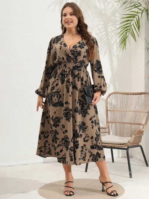 Elegant Plus Size V-Neck Printed Long Sleeve Linen Dress - Image 4