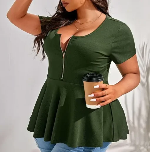 Plus Size Sexy Polo Collar Short Sleeve T-Shirt - Image 8