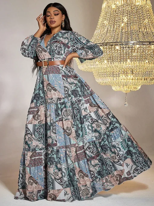 Bohemian Plus Size Lantern Sleeve Patchwork Print Long Dress - Image 2