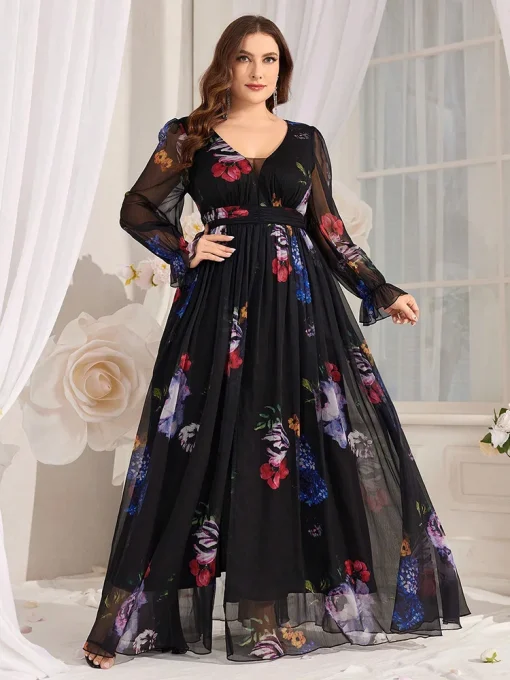 Elegant V-Neck Floral Print Mesh Flare Sleeve Maxi Dress