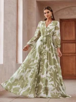 Bohemian Floral Lantern Sleeve Maxi Dress with Belt