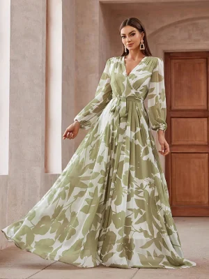Bohemian Floral Lantern Sleeve Maxi Dress with Belt