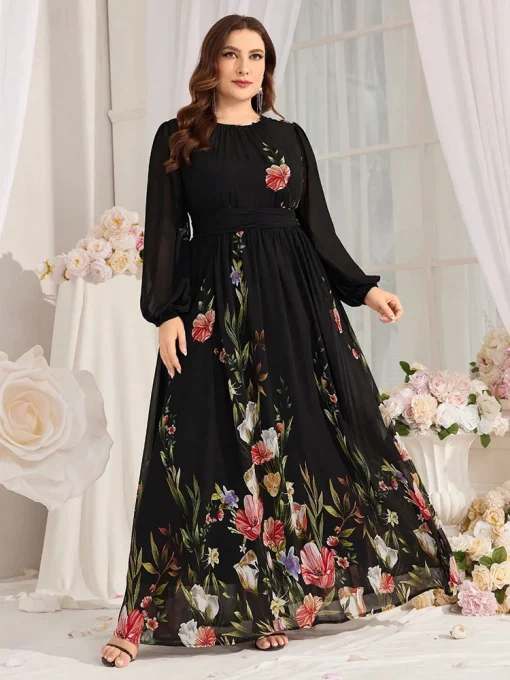 Plus Size Floral Print Lantern Sleeve Mesh Midi Dress