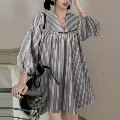 Elegant Stripe Long Sleeve Office Sundress for Women