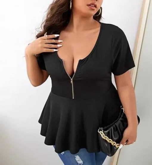 Plus Size Sexy Polo Collar Short Sleeve T-Shirt - Image 3